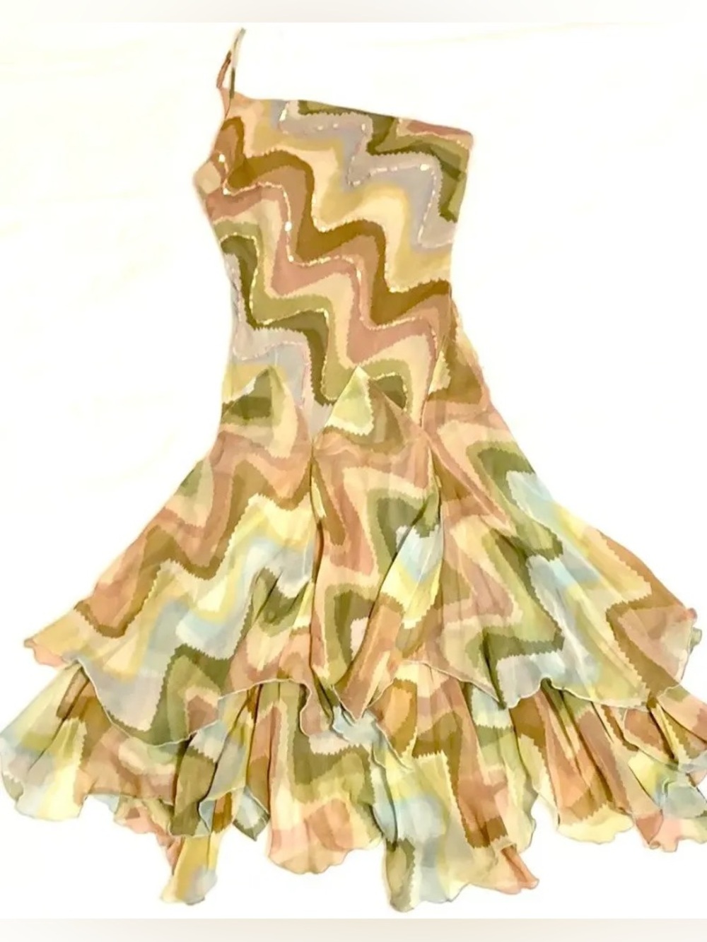 READ! Vintage BCBG Pure Silk Abstract Psychedelic Sequin Tiered Hanky Hem Dress